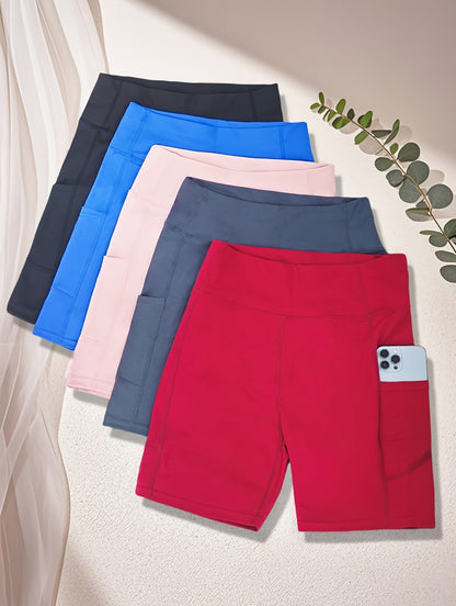 Women's High-Waist Yoga Shorts 5-Pack with Pockets Sweat-Wicking Elastic Waistband Tummy Control Workout Running Cycling Shorts for Women Sizes M-XXL Mixed Colors