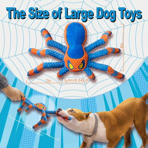 Squeaky Spider Dog Toy for Large Dogs – Interactive Crinkle Tug of War Plush Puppy Toy with Squeaker Head & Crinkle Legs, Keeps Dogs Busy for Hours, No Battery Needed, Blue & Red Spider