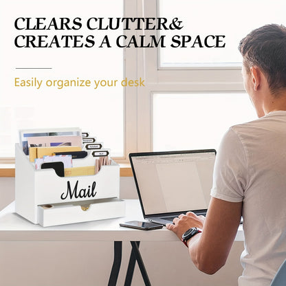 Large Solid Wood Desktop Mail Organizer with Drawer and 4 Compartments Labelable Dividers for Files Letters Paper Folders Desk Organizer for Home Office Students and Professionals