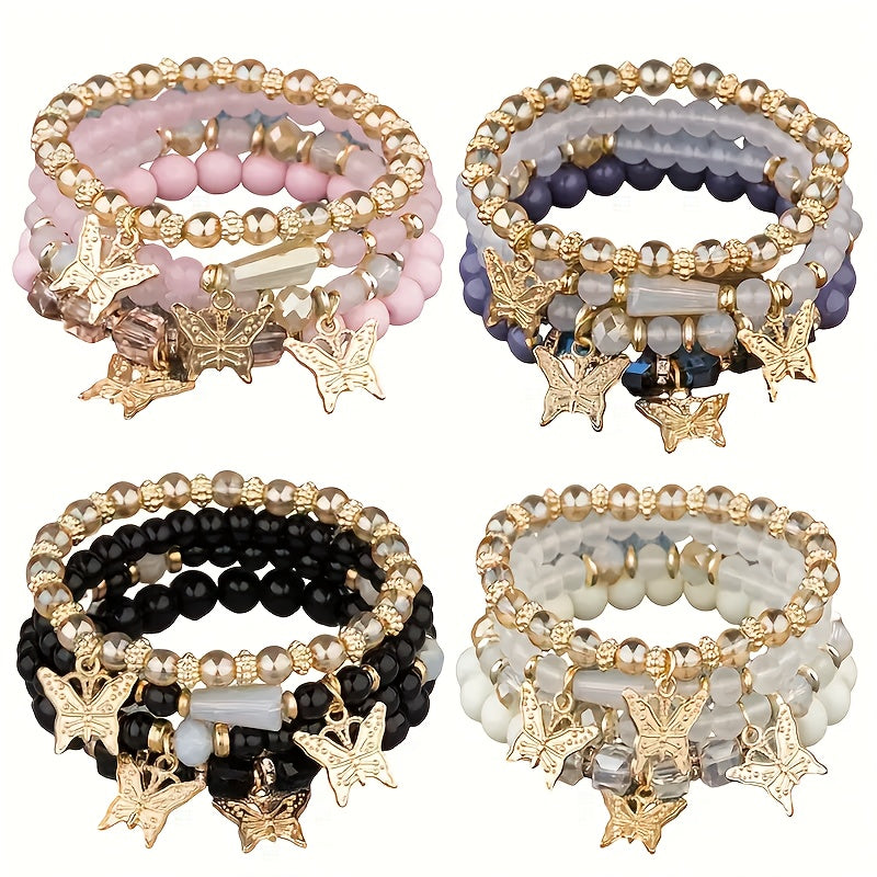 Boho Butterfly Beaded Bracelet Set for Women – 4, 8 & 16pcs Sparkle Multi-Layered Elastic Charm Stackable Bracelets, Perfect Gift for Stylish Ladies