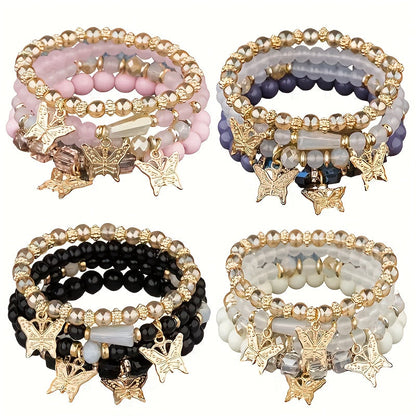 Boho Butterfly Beaded Bracelet Set for Women – 4, 8 & 16pcs Sparkle Multi-Layered Elastic Charm Stackable Bracelets, Perfect Gift for Stylish Ladies