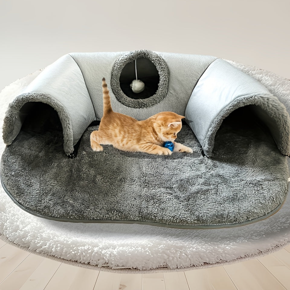Cat Tunnel Bed with Memory Foam, Hanging Ball & Free Drool Bib – Detachable Plush Cat Condo Lounge, Machine Washable Pet Nest for Multi-Cat Households, Small to Medium Cats – Velora