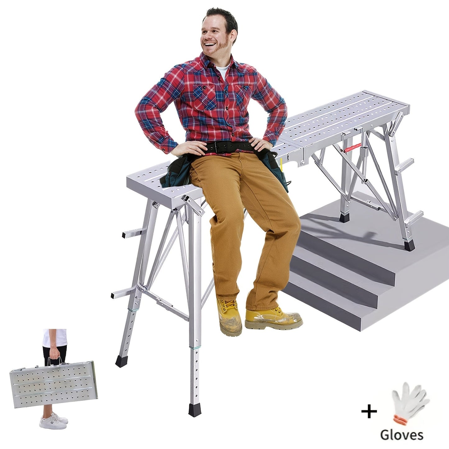 Scaffolding Work Platform 800Lb Heavy Duty Adjustable Height 31.5–49" – Folding Portable Step Ladder with Anti-Slip Feet & Safety Lock for Painting, Drywall, RV Cleaning, Car Washing & Home Decorating