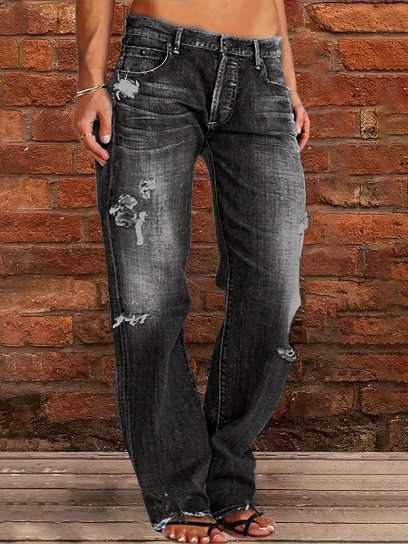 Women's Ripped Flare Wide Leg Jeans – Distressed Stretch Denim, Fashion Streetwear Casual Pants, Light Blue & Dark Blue, Sizes XS-XXL