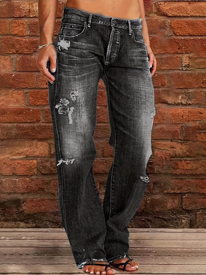 Women's Ripped Flare Wide Leg Jeans – Distressed Stretch Denim, Fashion Streetwear Casual Pants, Light Blue & Dark Blue, Sizes XS-XXL