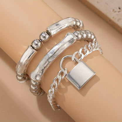 3pcs 925 Sterling Silver Beaded Punk Bracelet Set with Lock Pendant – Exquisite Stackable Edgy Silver Wrist Jewelry for Women Men Teens, Party Festival Daily Wear Gift
