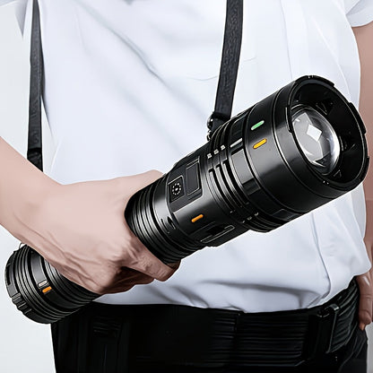 Rechargeable LED Tactical Flashlight 1500 Lumens with Adjustable Zoom, Shoulder Strap, 4 Modes for Camping, Hunting, Farm Inspection & Emergency Outdoor Use