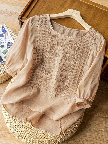 Women's Embroidered Floral T-Shirt Casual Short Sleeve Crew Neck Soft Cotton Tee 4 Colors White Green Yellow Khaki S-XXL