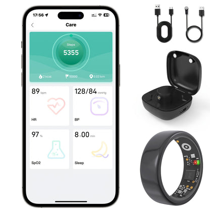 Smart Ring with Charging Case for Men & Women – Health Fitness Tracker, Sleep Tracker, Step Counter, Distance Monitor, Compatible with iPhone & Android, Sizes 7-13, Black, Silver & Gold
