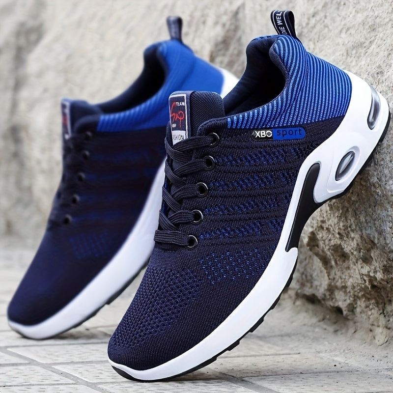 Men's Air Cushion Athletic Sneakers – Breathable Lace-Up Casual Sports Shoes with Slip-Resistant Sole, Black & White or Black Blue, Sizes US 6.5–11.5, Sporty Urban Style
