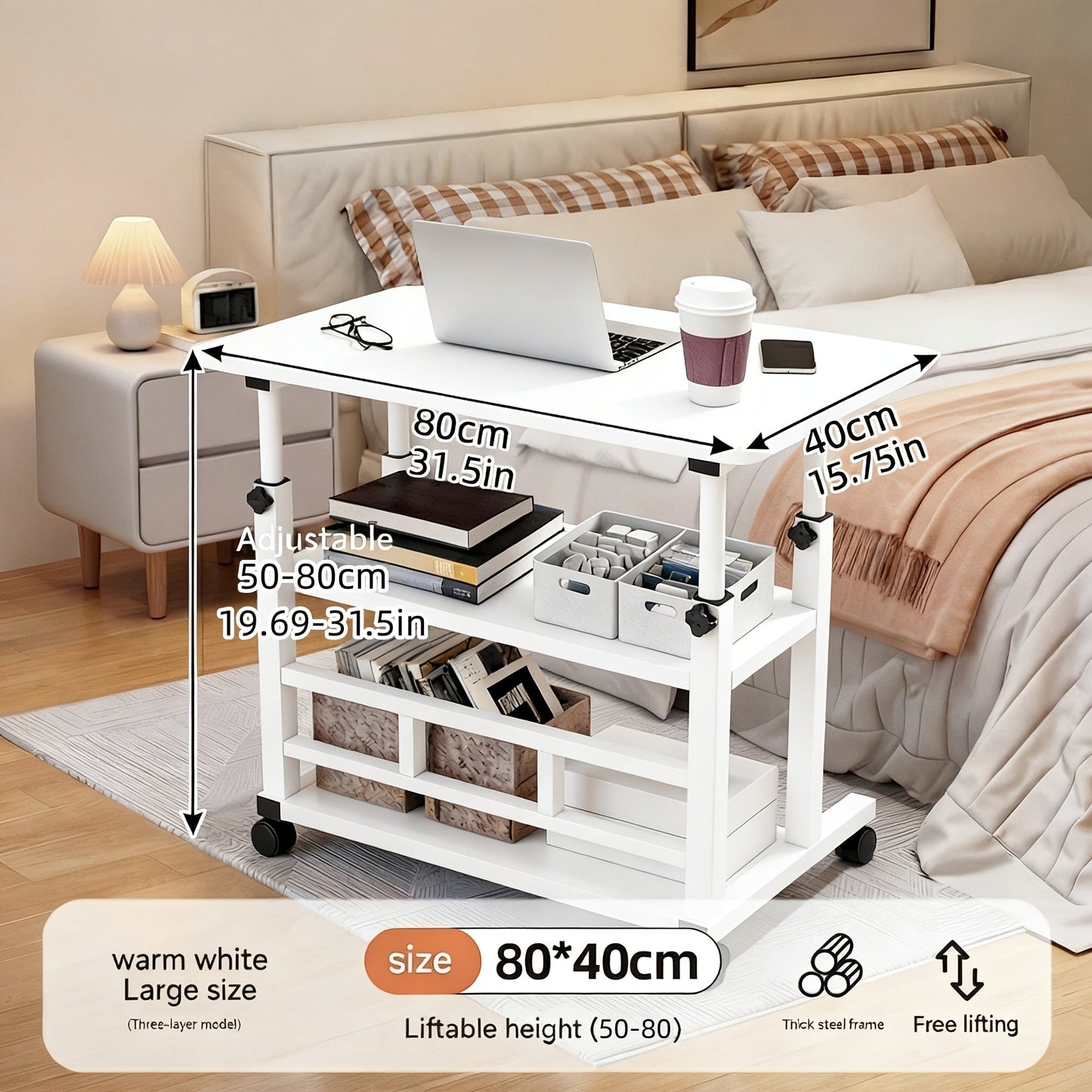 Portable Mobile Desk with Wheels & Adjustable Height Lift Table – Small Computer Study Desk for Bedside Sofa Crafts Home Office in Black or White