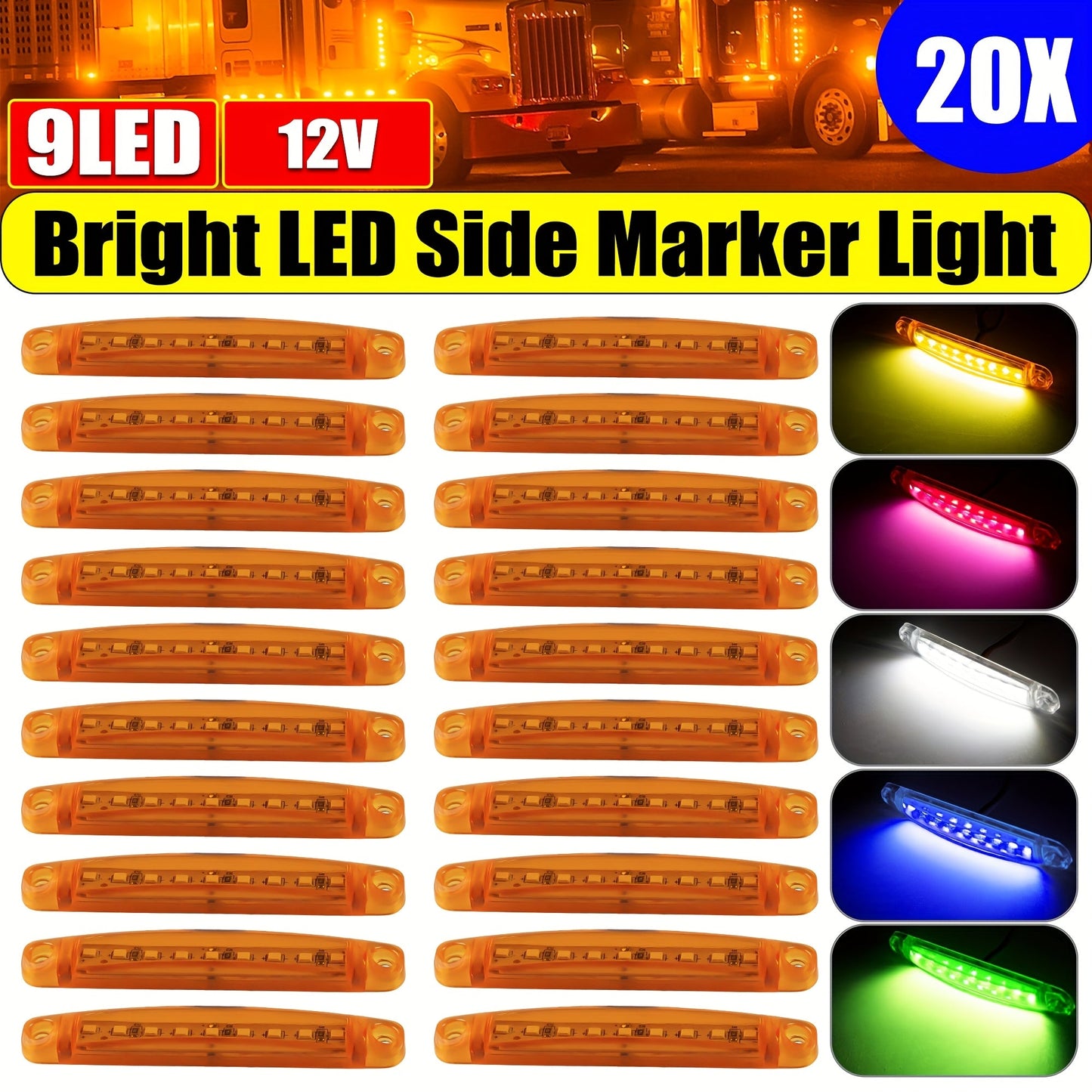 12V 9-LED Side Marker Lights 20-Pack Universal Indicator Clearance Lamp Bar for Truck Car Trailer SUV – White Red Amber Blue Green – Bright LED Side Marker Light Kit