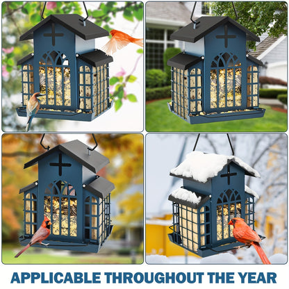 Vintage Metal Wild Bird Feeder for Outside – Triple Feeders for Finch, Cardinal & Chickadee, Large Capacity Metal Mesh Design with Easy-Hang Chains & Window Cut-Outs, 7 Style Options