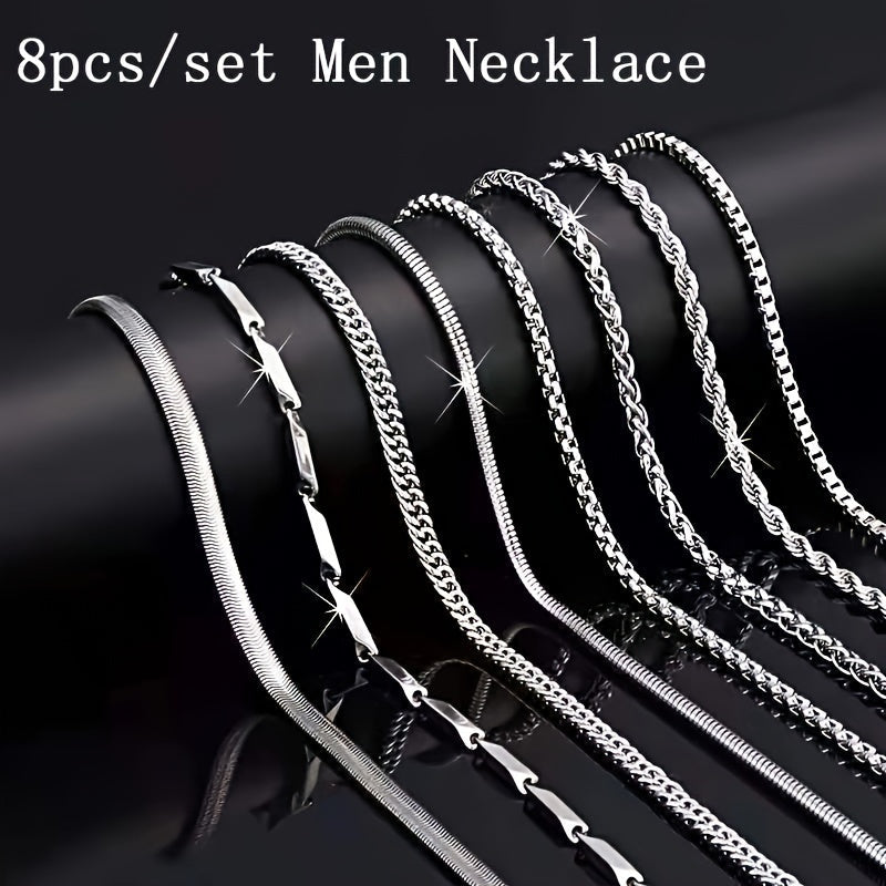 8pcs Men's Stainless Steel Necklace Set – Cuban Chain & Twisted Chain Hip Hop Street Style, Durable Fashion Chains for Men, Perfect Gift for Boyfriend, Son, Father's Day & Birthday