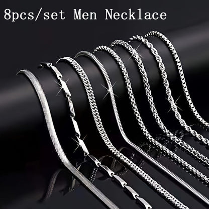 8pcs Men's Stainless Steel Necklace Set – Cuban Chain & Twisted Chain Hip Hop Street Style, Durable Fashion Chains for Men, Perfect Gift for Boyfriend, Son, Father's Day & Birthday