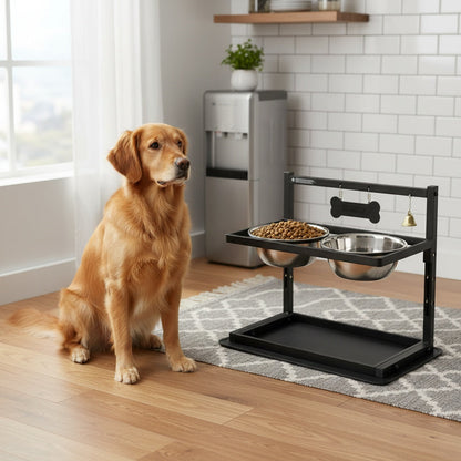 Adjustable Elevated Dog Bowl Stand with 2 Stainless Steel Bowls – Sturdy Metal Raised Feeder for Large & Medium Dogs, Height Adjustable Ergonomic Dog Food & Water Bowl Holder, Black