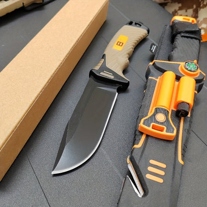 9.6-Inch Outdoor Fixed Blade Knife with Multi-Function Sheath - Black & Orange Straight Knife for Wilderness Exploration, Canyon Traversing, Mountain Hiking & Hunting, Designed for Men