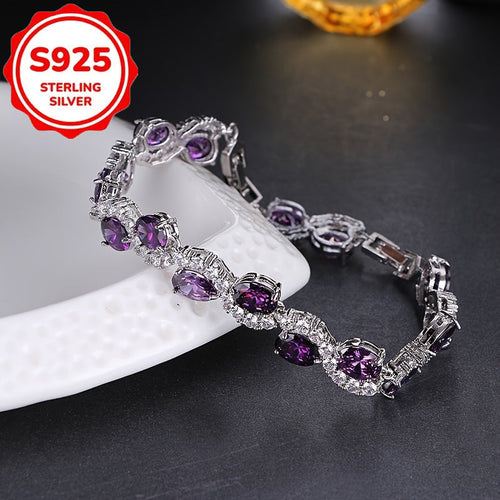 S925 Sterling Silver Purple Oval CZ Chain Bracelet for Women – Sparkling Cubic Zirconia Luxury Bracelet, Elegant Birthday & Anniversary Jewelry Gift