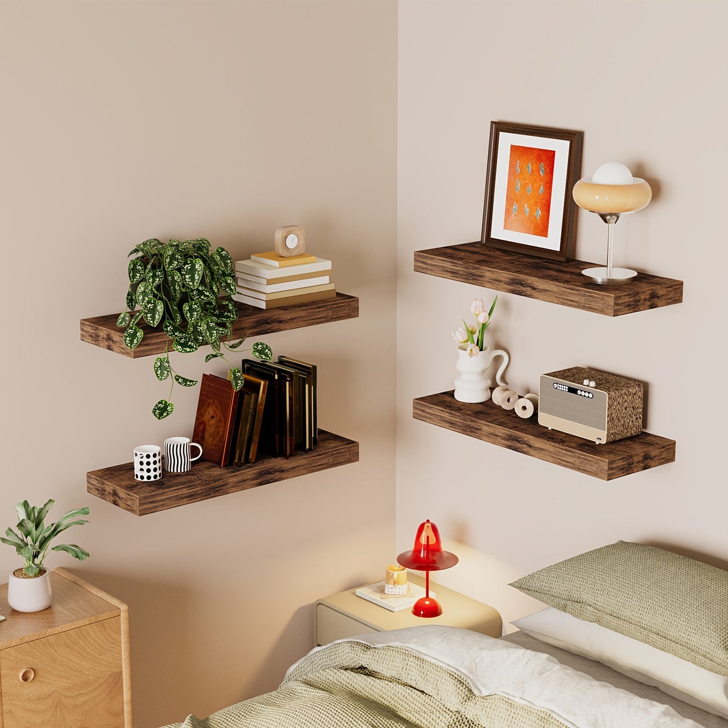 Floating Wall Shelves 15.8 Inch Rustic Finish with Invisible Brackets for Wall Decor Home Storage – 4 or 8 Pack in Rustic Brown Black Walnut