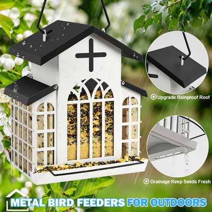 Vintage Metal Wild Bird Feeder for Outside – Triple Feeders for Finch, Cardinal & Chickadee, Large Capacity Metal Mesh Design with Easy-Hang Chains & Window Cut-Outs, 7 Style Options