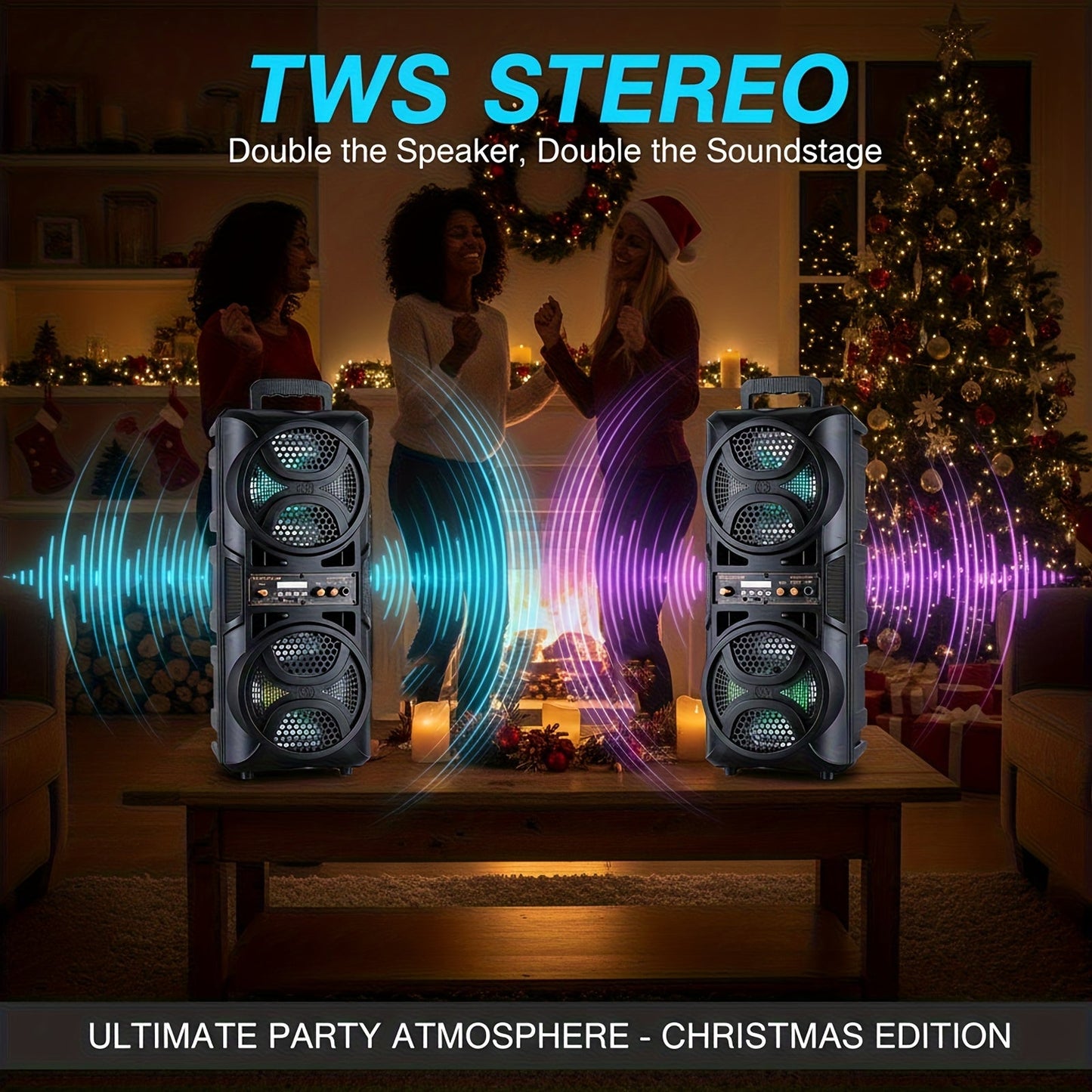 3000W Portable Bluetooth Party Speaker – Double 6.5'' Subwoofer Stereo Sound, LED Colorful Lights, FM Radio, Microphone Included, TF/USB/AUX Support, Outdoor & Home Party Speaker – Black