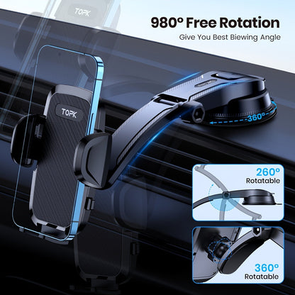 Car Phone Holder Mount – Upgraded 360° Rotation Dashboard & Windshield Cradle, Handsfree Universal Stand Compatible with iPhone 15 14 13, Samsung Galaxy, Android Phones | Velora