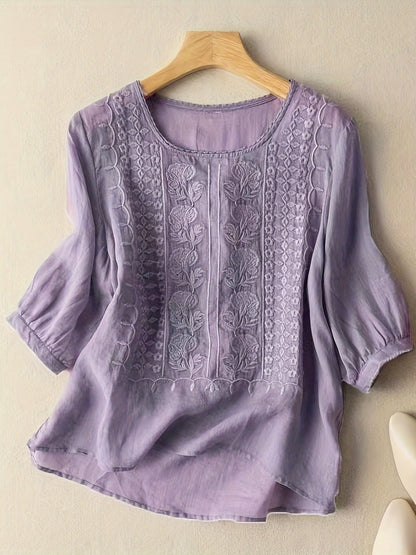 Women's Embroidered Floral T-Shirt Casual Short Sleeve Crew Neck Soft Cotton Tee 4 Colors White Green Yellow Khaki S-XXL