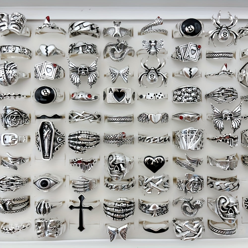 24pcs Retro Punk Ring Set for Women Men – Dark Style Spider Skull Cross Vintage Gothic Rings, Adjustable Stackable Jewelry for Daily Wear, Party, Halloween & Gift