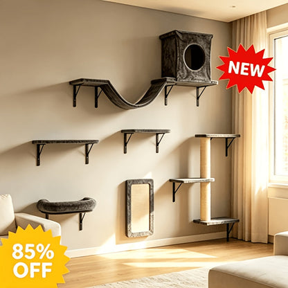 7-Piece Wall Mounted Cat Climbing Shelf Set – Deluxe Indoor Cat Furniture with Cat Condo, Wall Shelves, Scratching Post, Bridge Ladder & Tunnel, Space-Saving Cat Wall Playground for All Cat Sizes