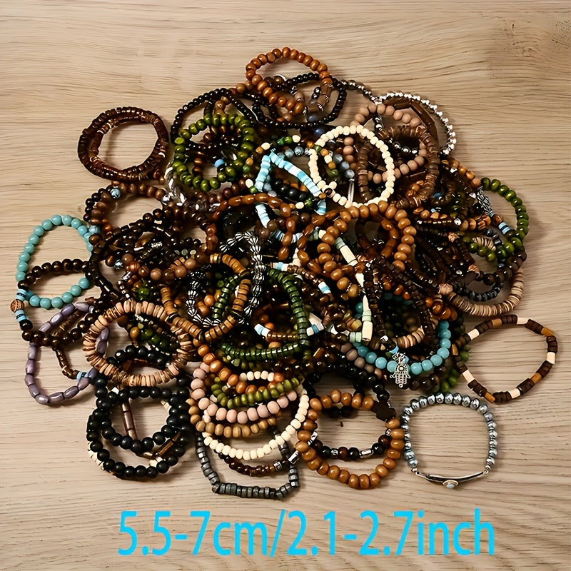 Boho Wood Beaded Bracelet Set – Stackable Elastic Bracelets with Turtle, Cross, Leaf & Feather Charms, Mixed Colors, Choose 12, 24, 47 or 87 Pcs – Perfect for Daily Wear & Gifting