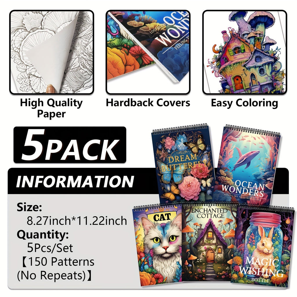 Adult Coloring Books Set of 5 with 150 Unique Designs – Spiral Bound Mindfulness Art Books Featuring Butterflies, Cats, Ocean, Cottage & Magical Wishes – Perfect Stress Relief Gift for Women, Men & Teens