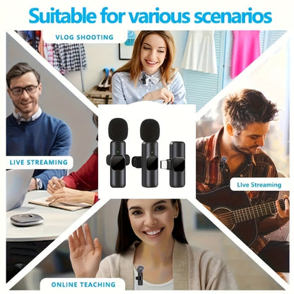 Wireless Lavalier Microphone 2-Pack Set with Receiver & Adapter – Clip-On Lapel Mic for iPhone, Type-C & Android, Noise Cancelling for Vlogging, Interviews, Teaching & Video Recording