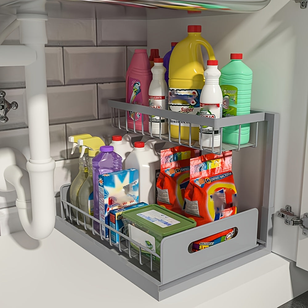 Under Sink Organizer with Sliding Pull-Out Shelf – Two-Level Metal Cabinet Storage Rack for Kitchen, Bathroom, Pantry & Closet, Space-Saving Under Sink Cabinet Organizer, Available in 1-Pack & 2-Pack