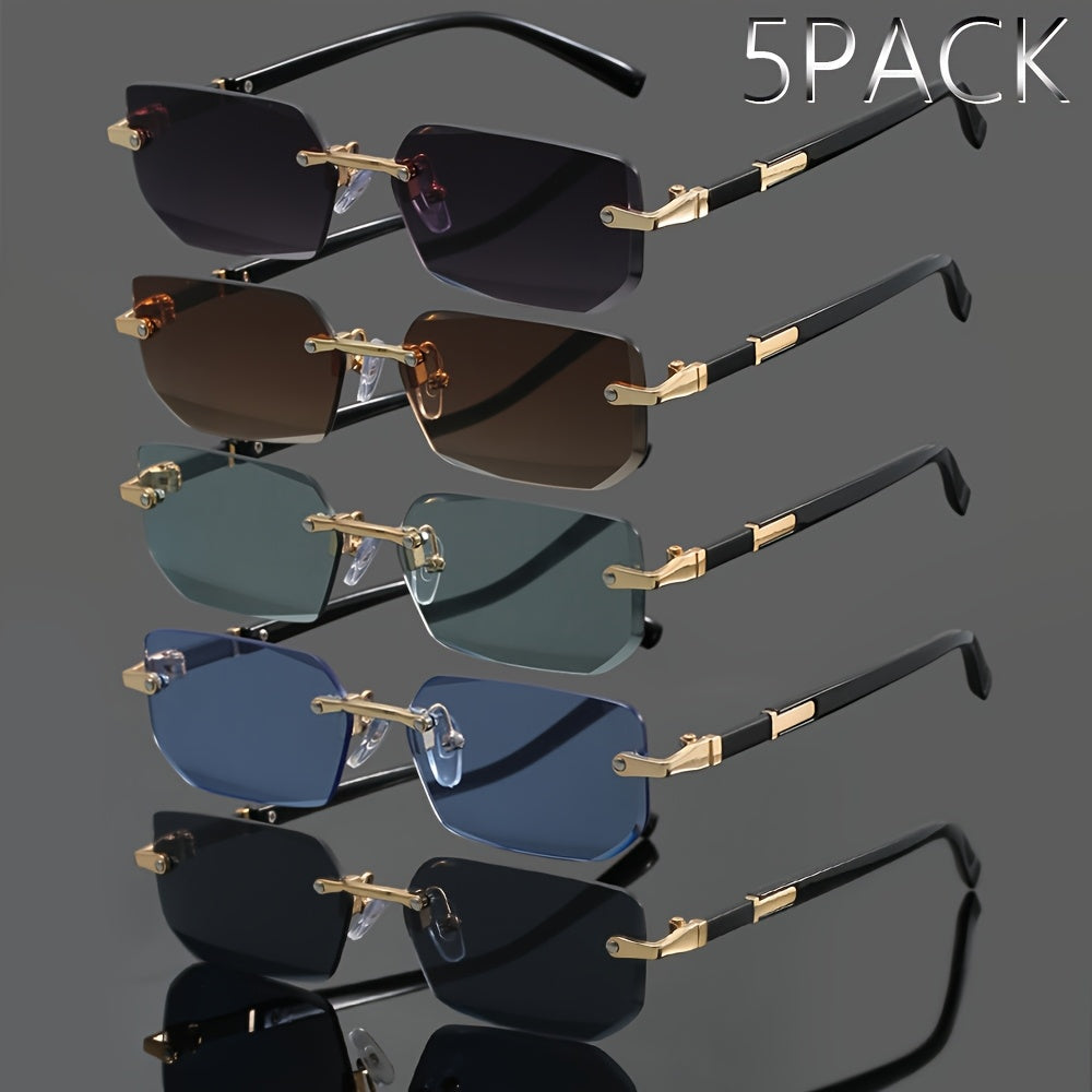 5pcs Frameless Metal Sunglasses Set for Men & Women – Rimless Lightweight Trendy Glasses in Assorted Styles, UV Protection Eyewear for Summer Parties, Street Style & Holiday Gifting