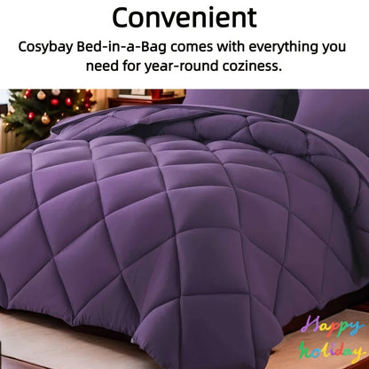 7 Piece Comforter Set Queen King Size – Soft Microfiber Pinch Pleated Bed in a Bag with Comforter, Fitted Sheet, Flat Sheet & 4 Pillowcases, All-Season Bedding Set for Home & Dorm