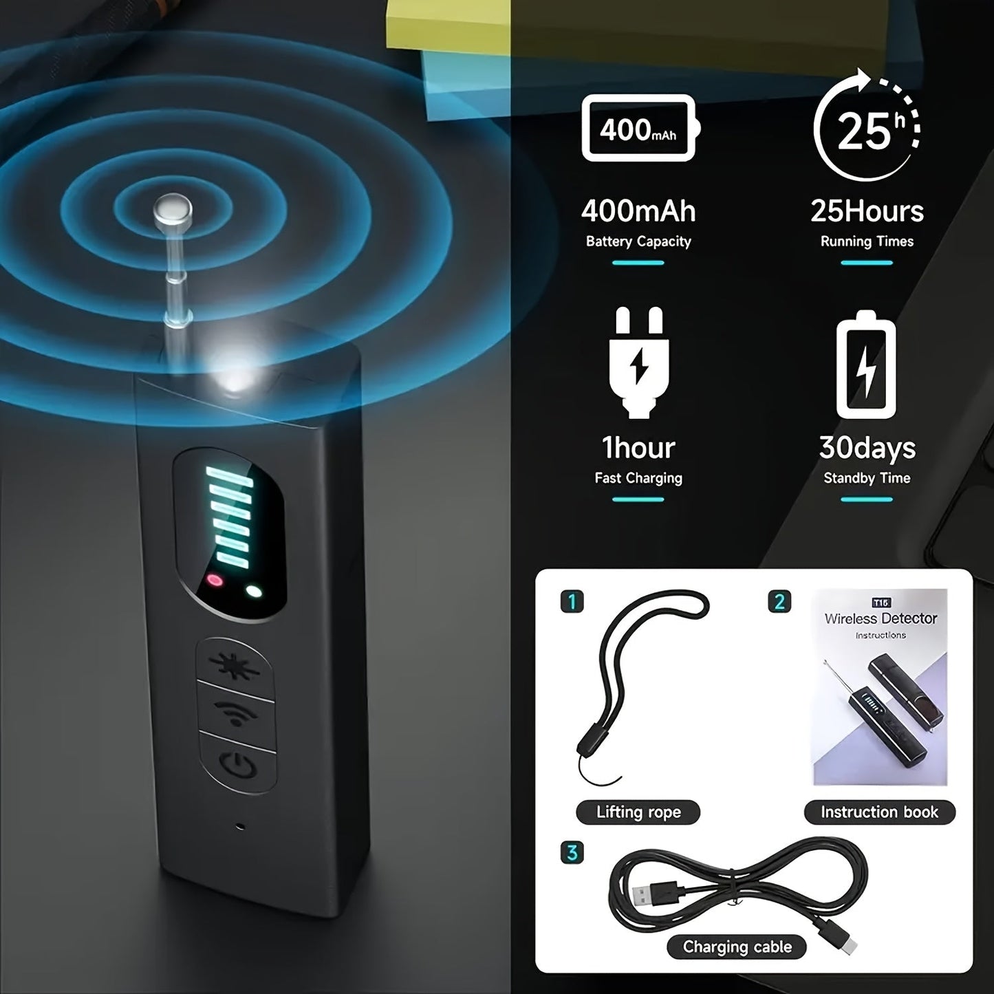 Hidden Camera Detector Anti Spy RF Signal Scanner – Bug Detector, GPS Tracker & Listening Device Finder, Portable Rechargeable Multi-Function Security Sweeper for Travel, Hotel, Home, Office, Car