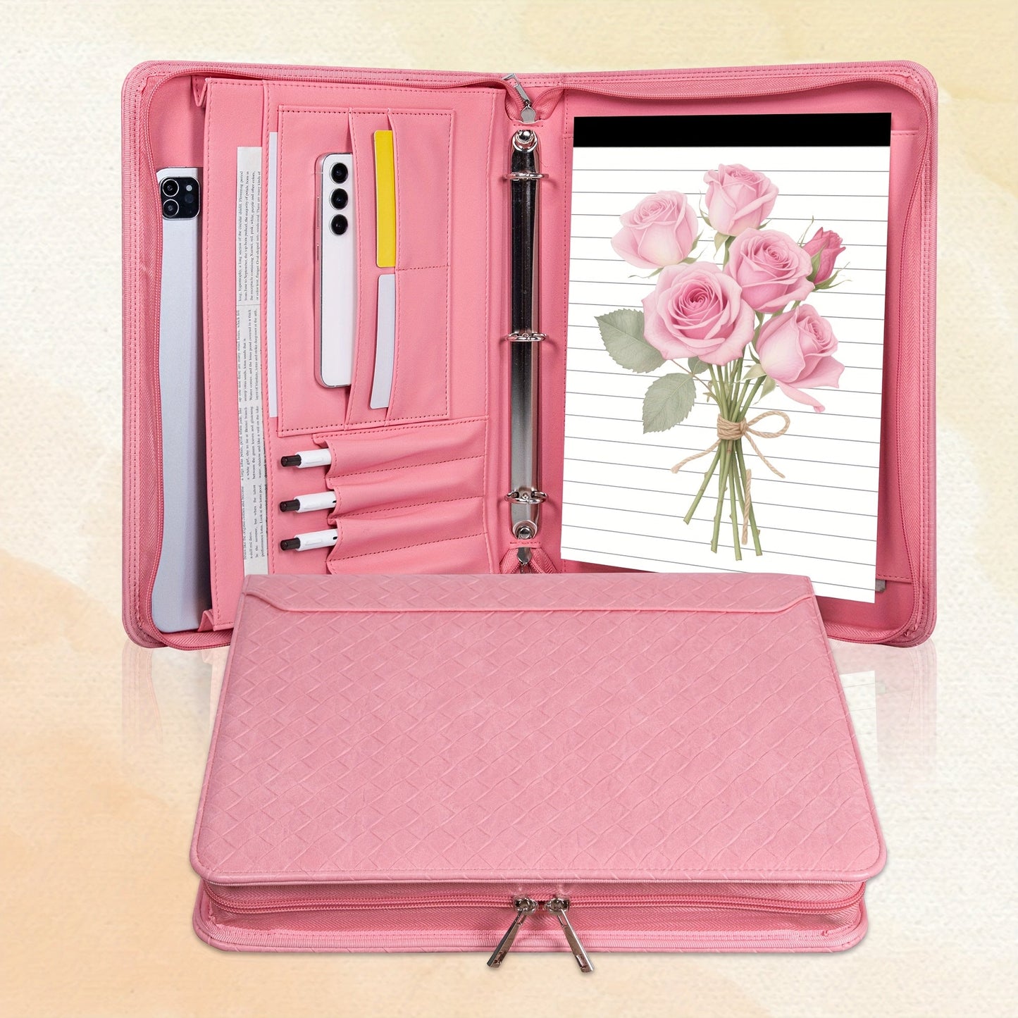 Vegan Leather Portfolio Binder 3-Ring Zipper A4 Legal Laptop Pocket Work Organizer for Women Men