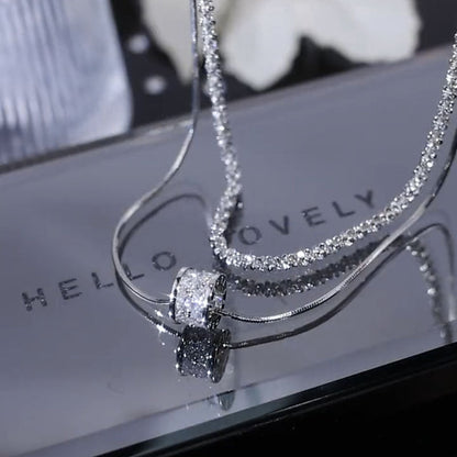 S925 Sterling Silver Double Layer Clavicle Chain Necklace for Women Elegant Cubic Zirconia Sweater Chain Minimalist Fashion Jewelry Daily Wear and Gift All Seasons
