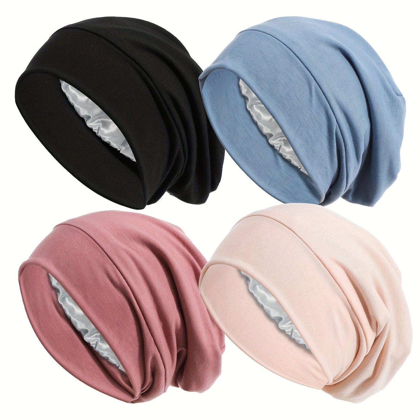 Turban Hat 4 Pack for Women - Soft Satin Lining Muslim Turban Sleep Cap, Chemo Hat Beanie Headwrap for Cancer Hair Loss, Comfortable Breathable Bonnet for Daily Wear & Night Sleep