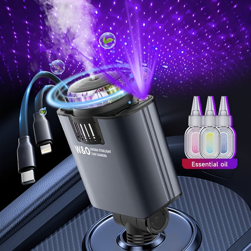 3-in-1 Car Charger Air Freshener & Starry Sky Ceiling Light – Dual Retractable Type-C & Lightning Cable 80cm, Aromatherapy Diffuser for iPhone 16/15 Samsung S25/S24, Car Interior Upgrade Gift