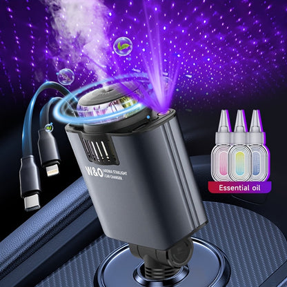 3-in-1 Car Charger Air Freshener & Starry Sky Ceiling Light – Dual Retractable Type-C & Lightning Cable 80cm, Aromatherapy Diffuser for iPhone 16/15 Samsung S25/S24, Car Interior Upgrade Gift