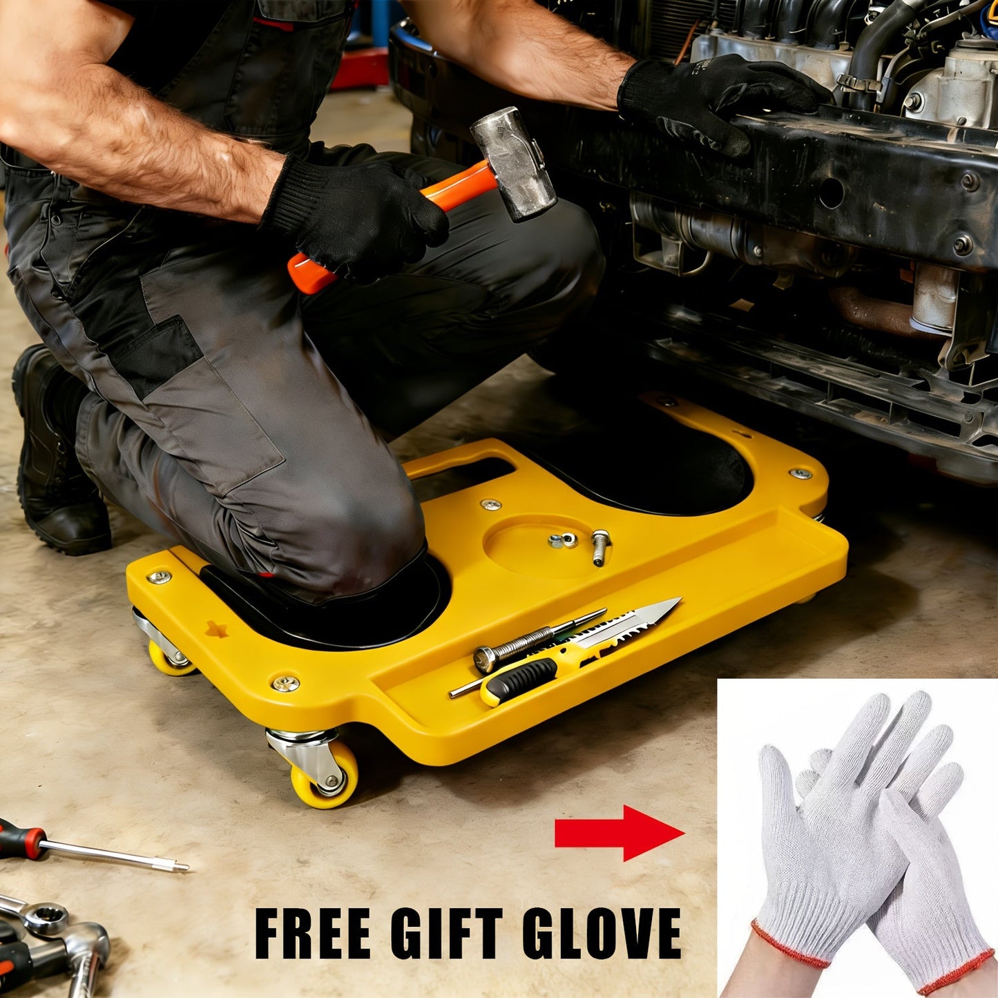 Rolling Knee Creeper Pad with Built-In Tool Tray – ABS High-Impact Frame, Cushioned Kneeling Pad for Mechanics, Carpenters, Flooring & Car Repairs – Multi-Color Automotive Repair Aid & Workshop Gift