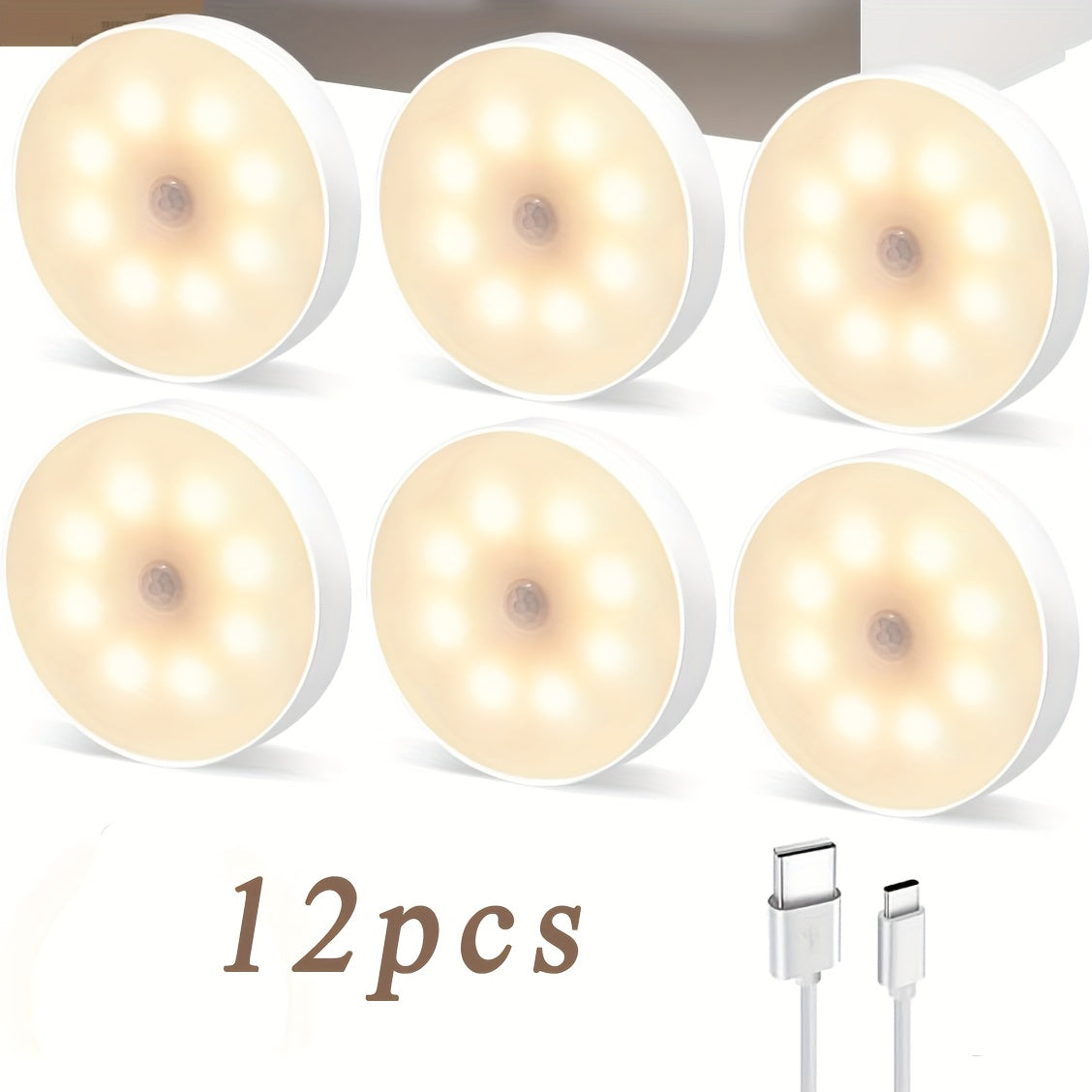LED Motion Sensor Night Lights USB Rechargeable Wireless Wall Lamp Dual Mode Adjustable Brightness Magnetic Mount Under Cabinet Lighting for Kitchen Hallway Stairs Closet 6 or 12 Pack