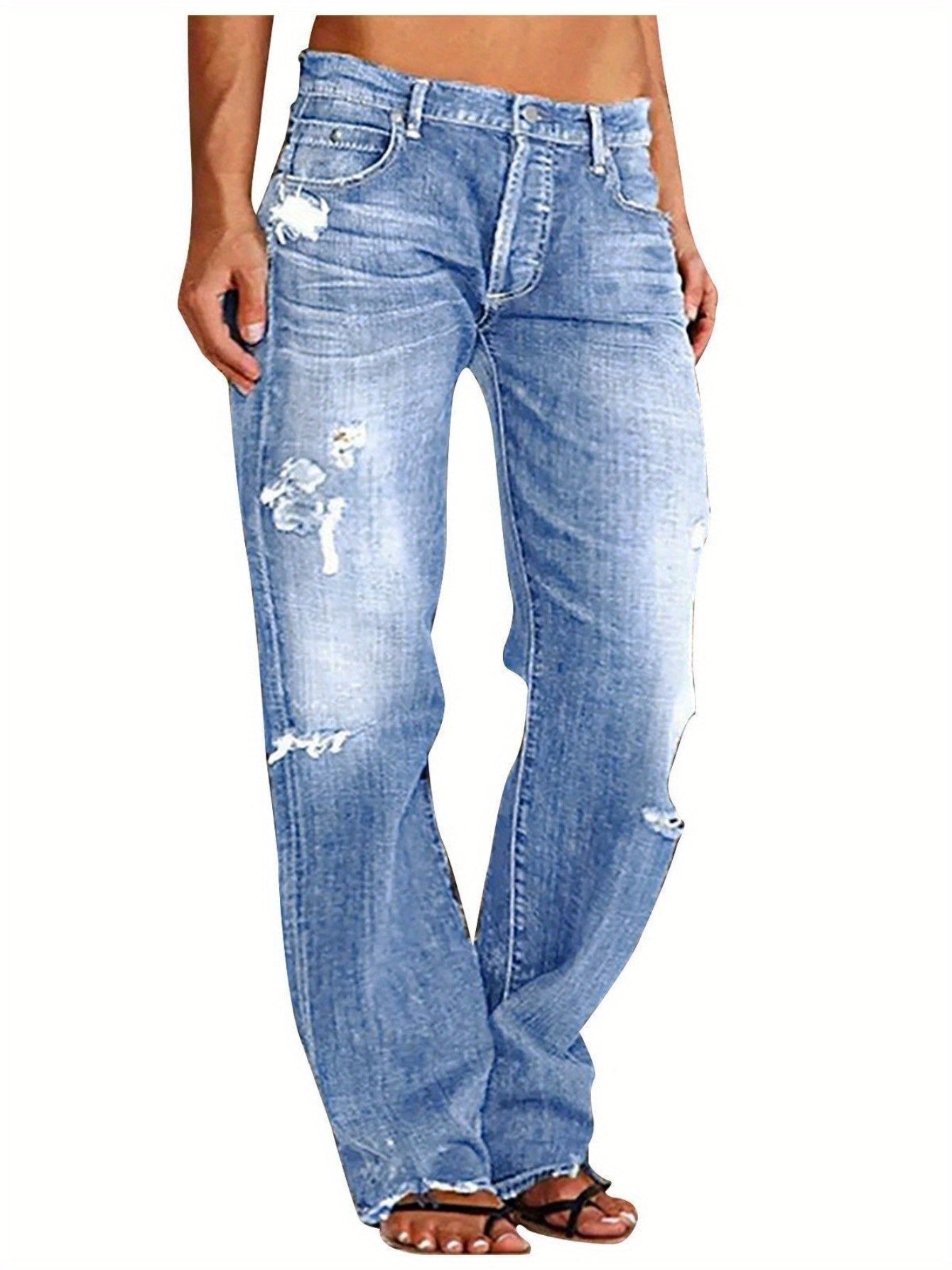 Women's Ripped Flare Wide Leg Jeans – Distressed Stretch Denim, Fashion Streetwear Casual Pants, Light Blue & Dark Blue, Sizes XS-XXL
