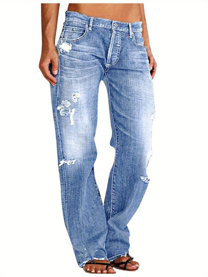 Women's Ripped Flare Wide Leg Jeans – Distressed Stretch Denim, Fashion Streetwear Casual Pants, Light Blue & Dark Blue, Sizes XS-XXL