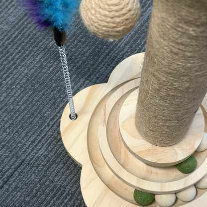 Multi-Level Cat Scratching Post Premium Sisal with 6 Wooden Toy Balls 2 Hanging Balls 2 Feather Teaser Toys Non-Slip Base Interactive Cat Tree for Indoor Cats Kittens