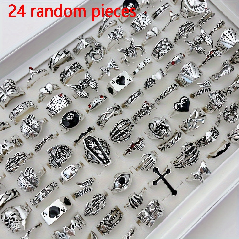 24pcs Retro Punk Ring Set for Women Men – Dark Style Spider Skull Cross Vintage Gothic Rings, Adjustable Stackable Jewelry for Daily Wear, Party, Halloween & Gift