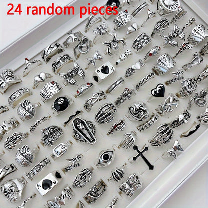 24pcs Retro Punk Ring Set for Women Men – Dark Style Spider Skull Cross Vintage Gothic Rings, Adjustable Stackable Jewelry for Daily Wear, Party, Halloween & Gift
