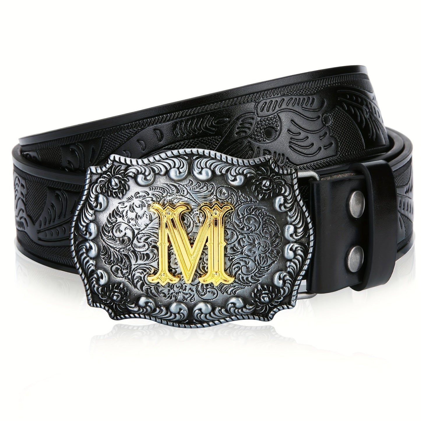 Western Cowboy Belt for Men & Women Embossed Floral Faux Leather – Longhorn Bull Pattern Big Buckle Zinc Alloy, Sizes 34-44, Stylish Durable Country Western Dress Belt Gift for Christmas Father's Day