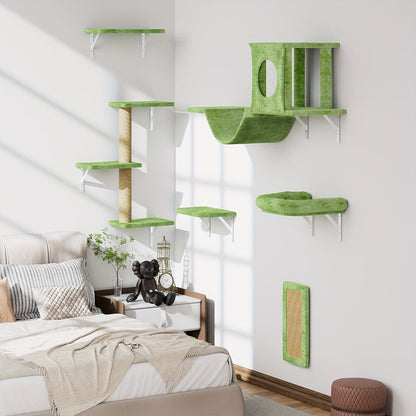 7-Piece Wall Mounted Cat Climbing Shelf Set – Deluxe Indoor Cat Furniture with Cat Condo, Wall Shelves, Scratching Post, Bridge Ladder & Tunnel, Space-Saving Cat Wall Playground for All Cat Sizes